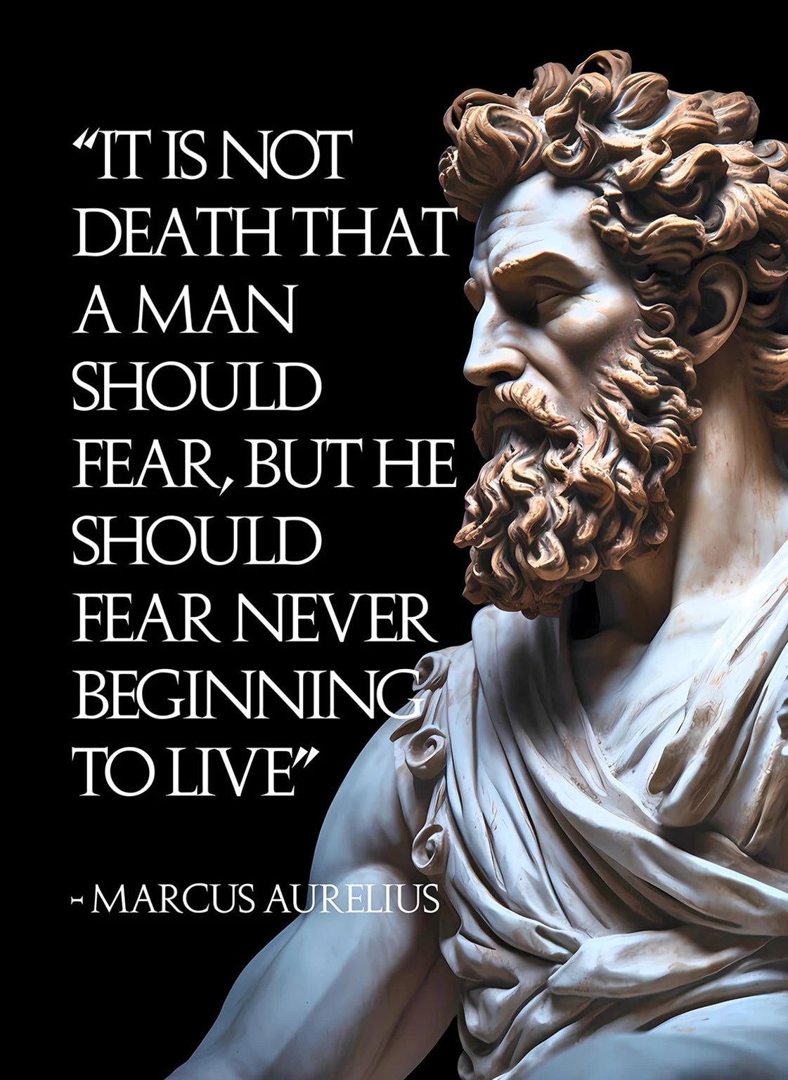 Statue of a bearded man with a quote by Marcus Aurelius on a black background