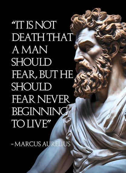 Statue of a bearded man with a quote by Marcus Aurelius on a black background