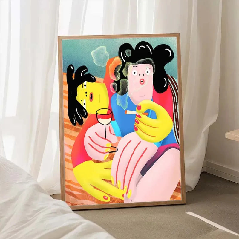 Colorful abstract art print of three figures in a room with white curtains.