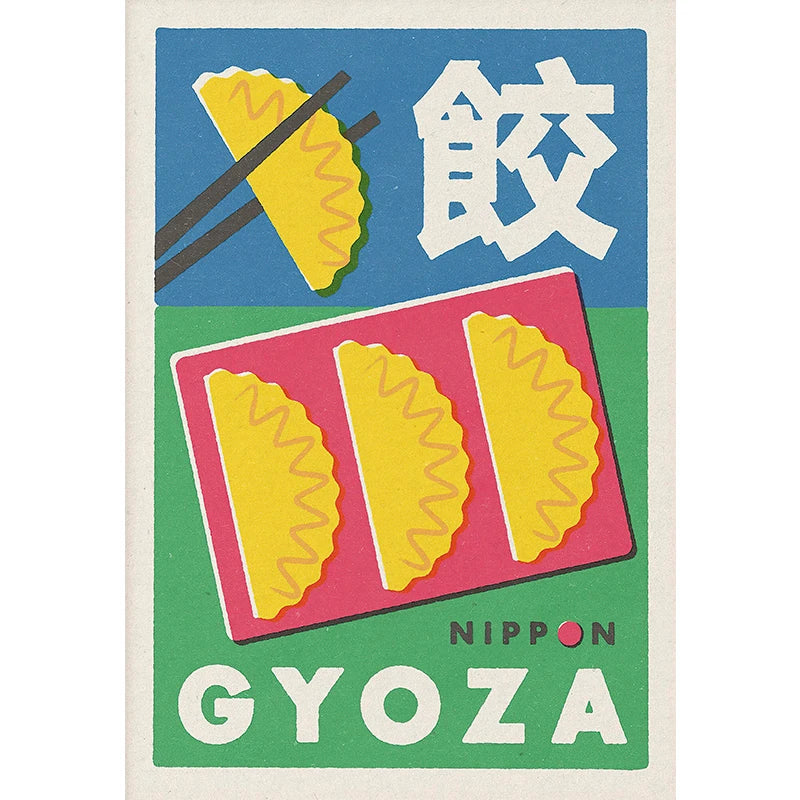 Gyoza illustration with chopsticks on a colorful background, featuring the brand 'Nippon Gyoza'.
