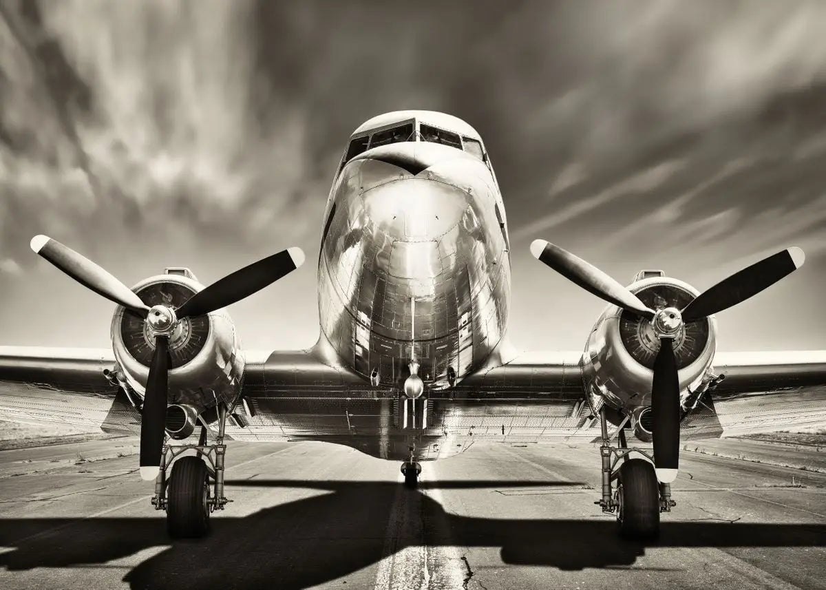 Vintage airplane with propellers on a runway against a cloudy sky