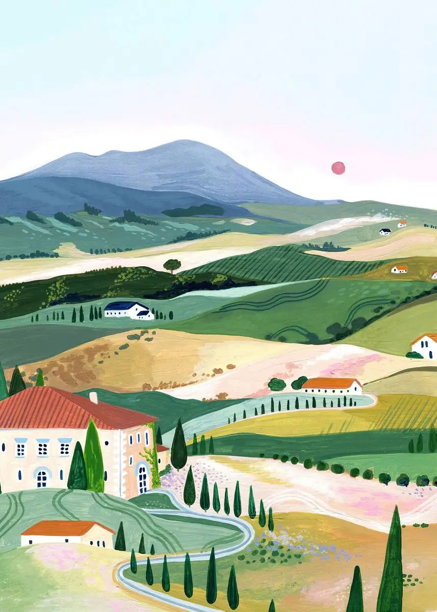 Colorful illustration of a rural landscape with rolling hills, houses, and trees.