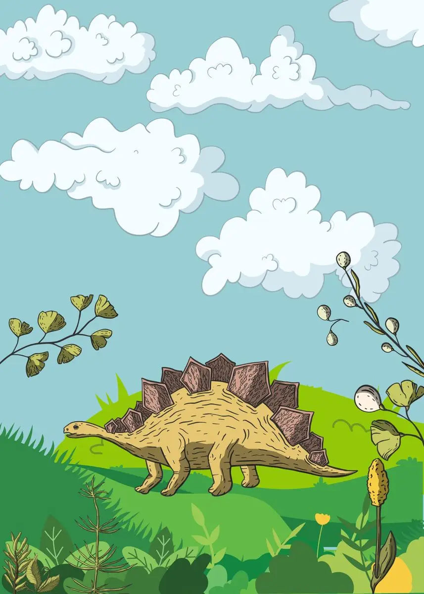 Cartoon dinosaur in a grassy field with clouds and plants