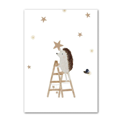 Illustration of a hedgehog on a ladder with stars around, on a white background.