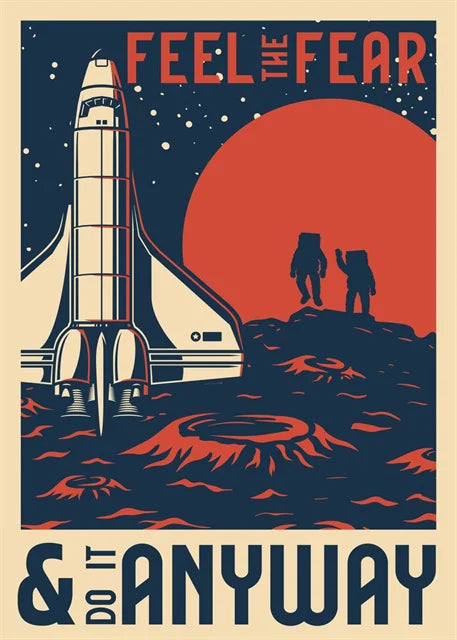 Vintage-style space exploration poster with rocket and astronauts on moon, featuring motivational text.