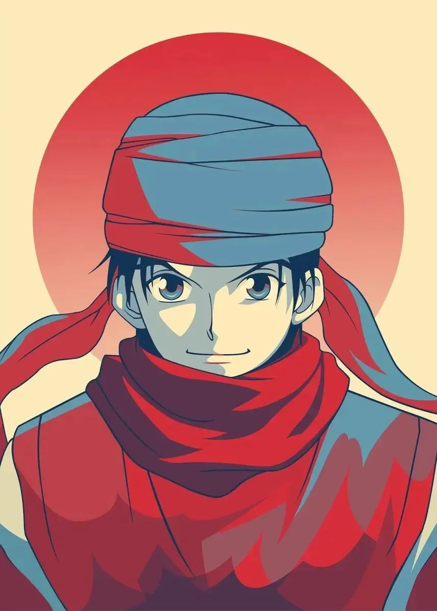 Character with red and blue headscarf on a beige background