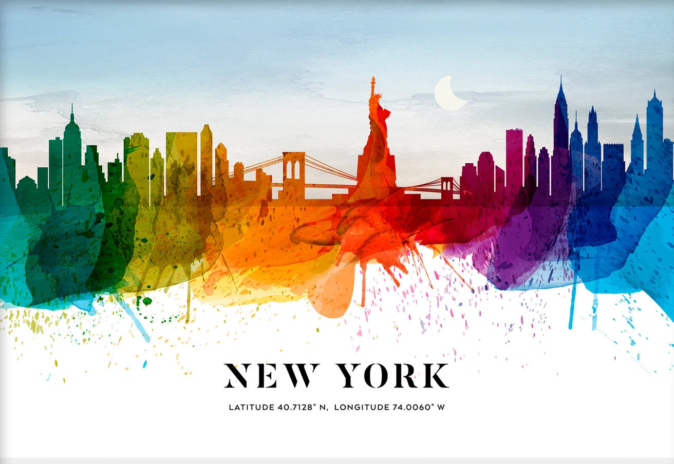 Colorful skyline of New York City with landmarks, including the Statue of Liberty, on a white background.