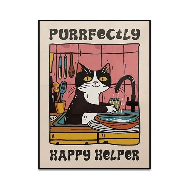 Cartoon cat washing dishes with text 'Purrfectly Happy Helper' on a beige background