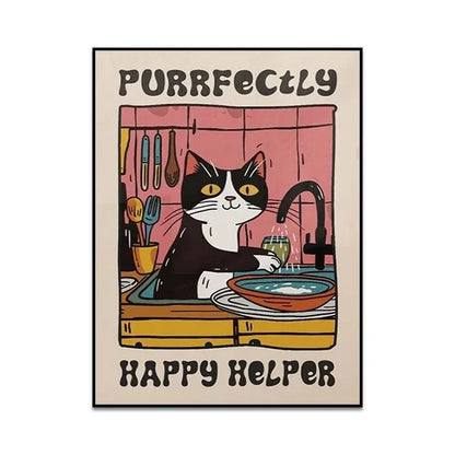 Cartoon cat washing dishes with text 'Purrfectly Happy Helper' on a beige background