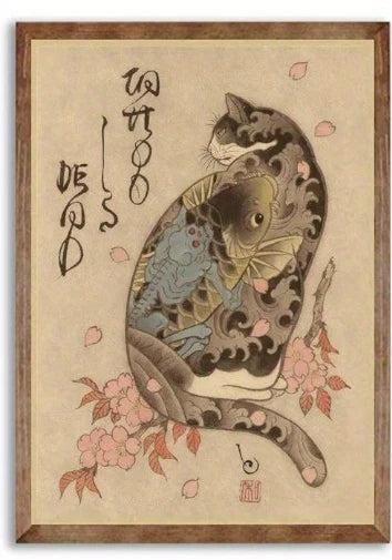 Artistic depiction of a cat with a fish design, surrounded by cherry blossoms, on a beige background.
