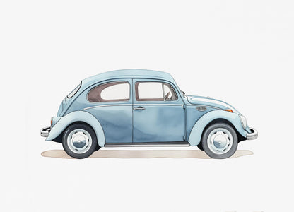 Illustration of a vintage blue car on a white background