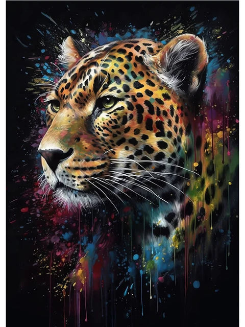 Colorful painting of a leopard's face on a dark background