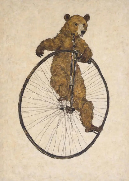 Illustration of a bear riding a penny-farthing bicycle on a textured beige background
