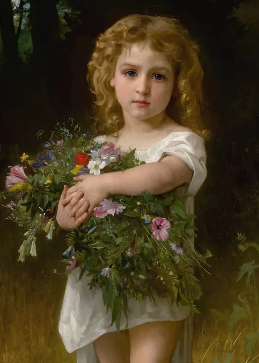 Portrait of a young girl holding a bouquet of flowers against a dark background