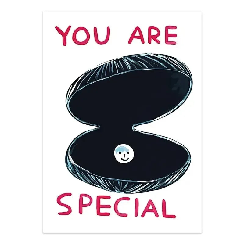 Black shell with a smiley face inside, text 'YOU ARE SPECIAL' in pink on a white background