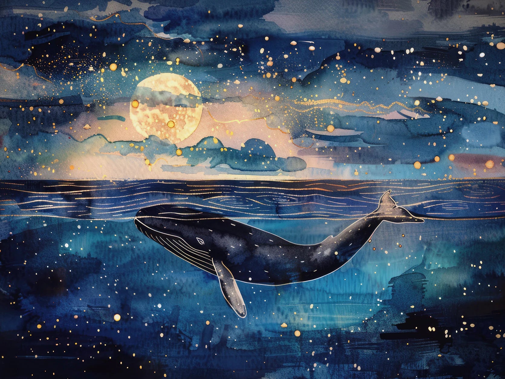 Whale swimming in a starry night sky with a full moon