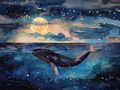 Whale swimming in a starry night sky with a full moon