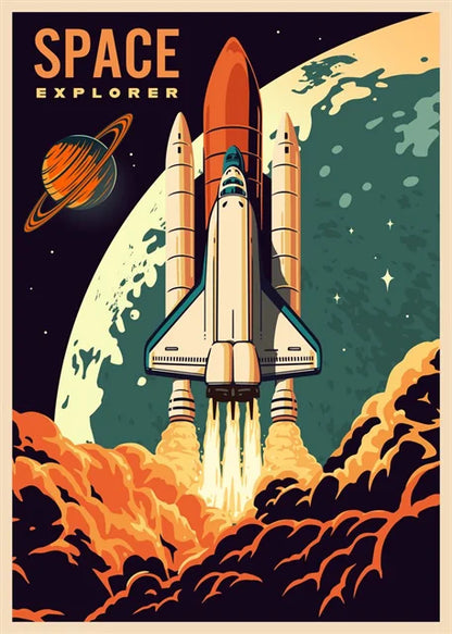 Vintage-style space exploration poster with a rocket launching towards Saturn.