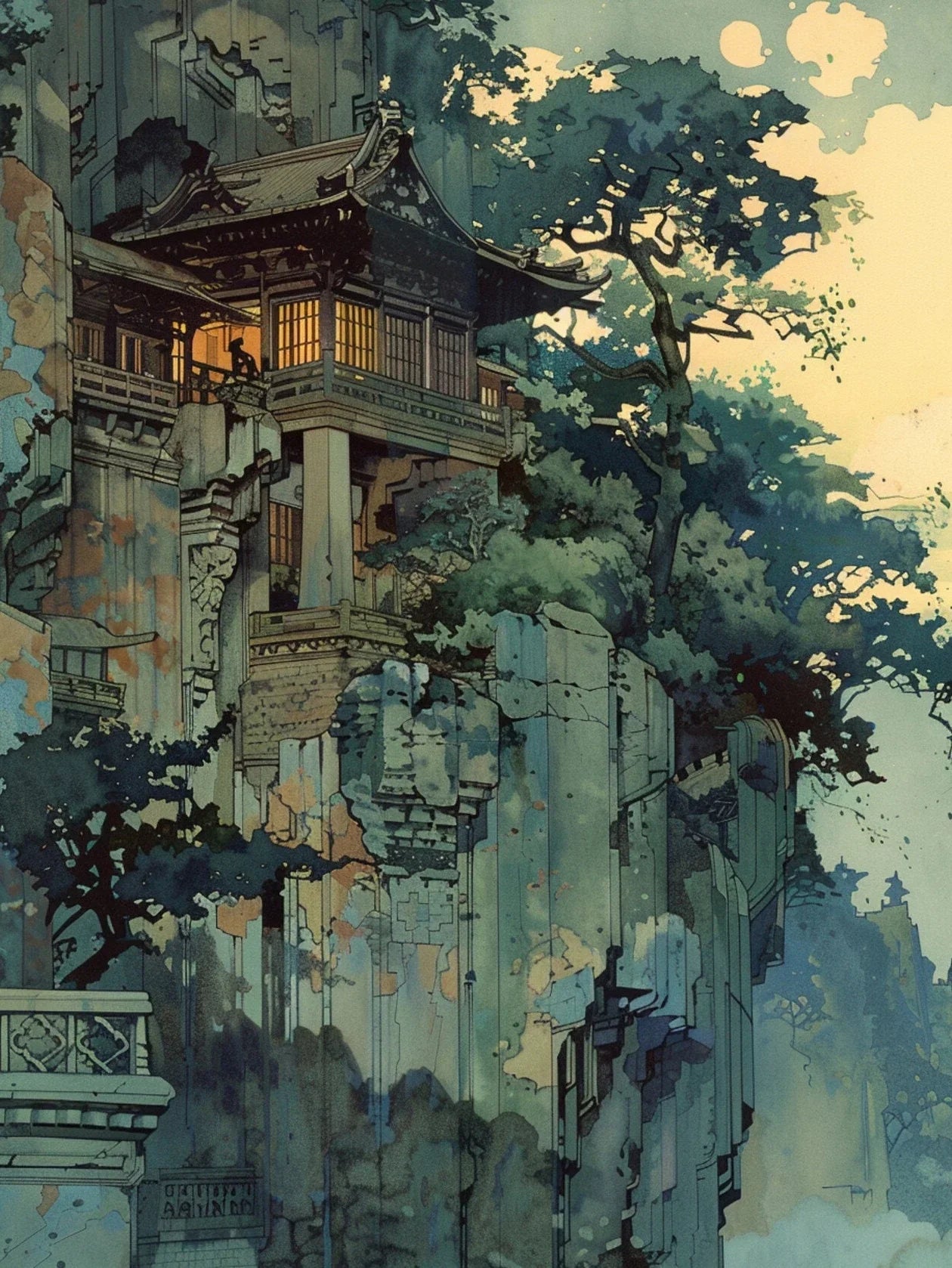 Japanese garden with pond, lanterns, and autumn foliage