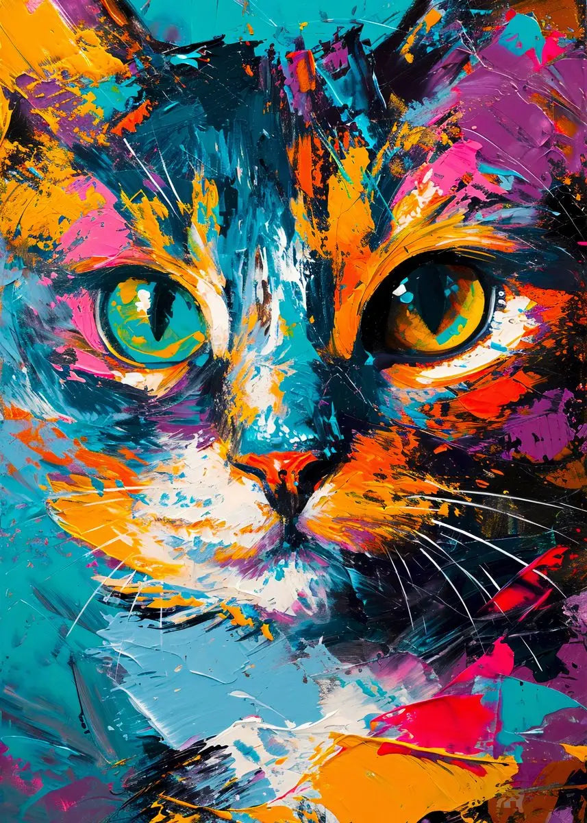 Colorful abstract painting of a cat's face