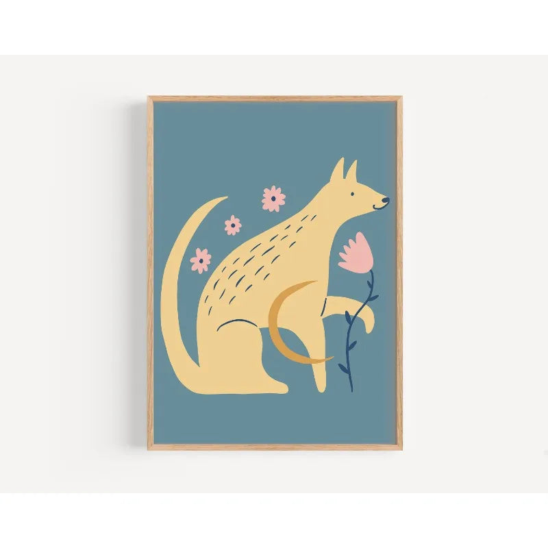 Framed artwork of a kangaroo with flowers on a blue background