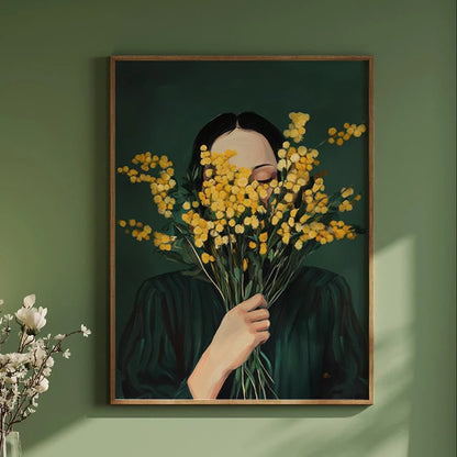 Framed artwork of a person holding yellow flowers against a green wall.