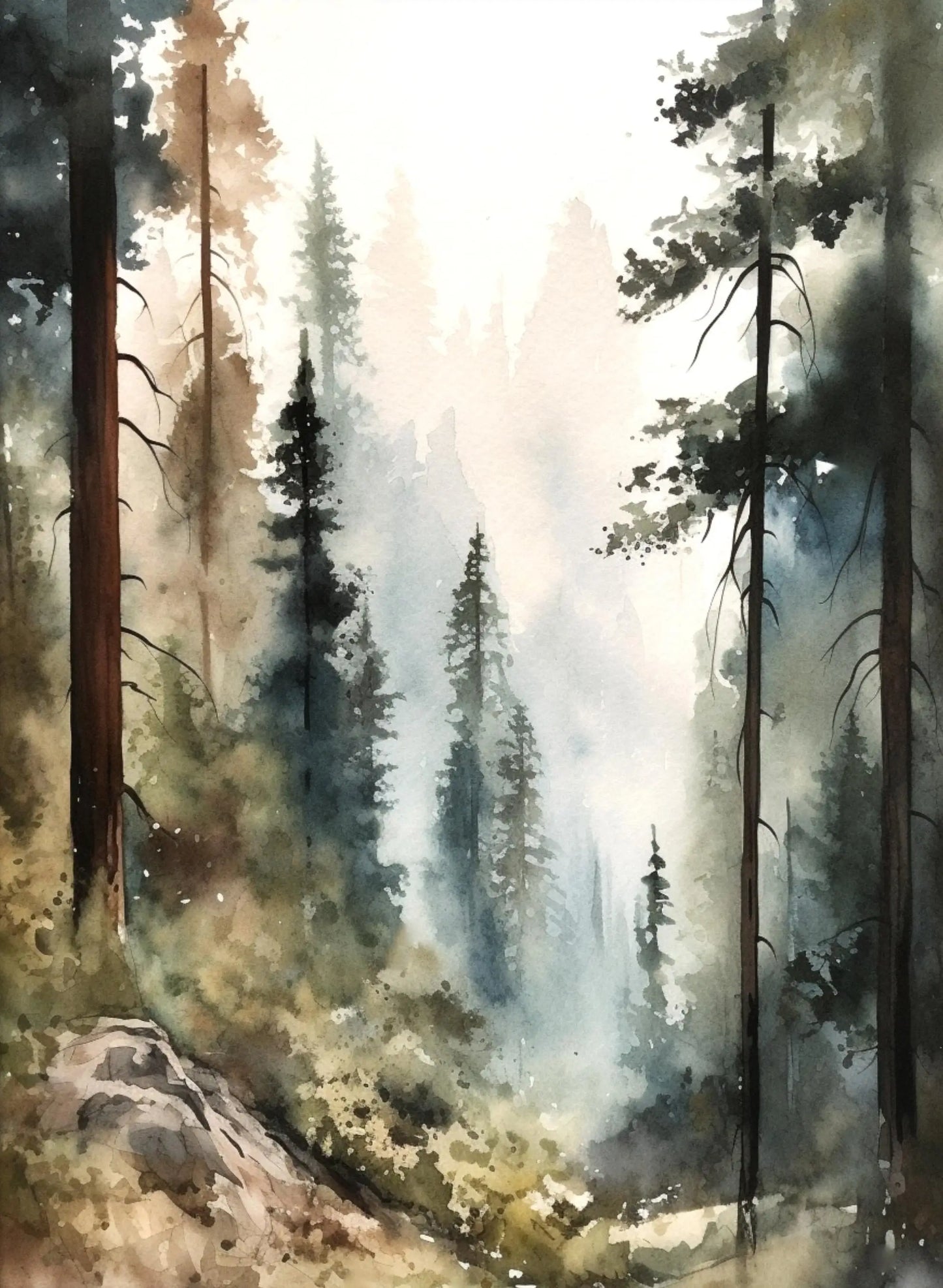 Watercolor painting of a forest with tall trees and mist