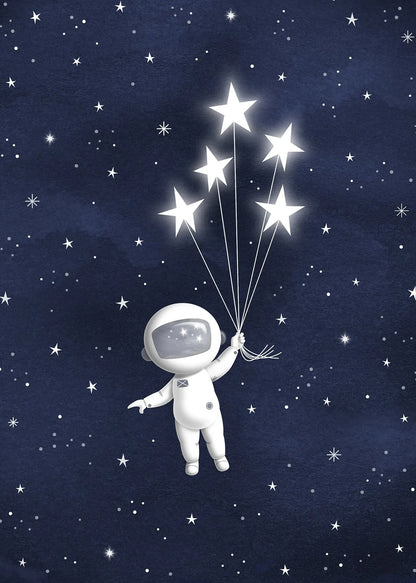 Illustration of an astronaut holding star-shaped balloons against a starry night sky.