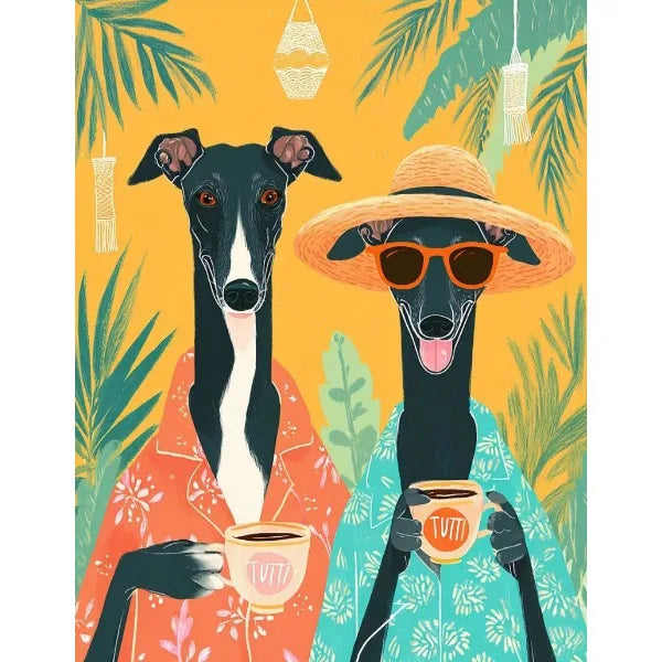 Two dogs in colorful outfits with coffee cups against a yellow background with green leaves.