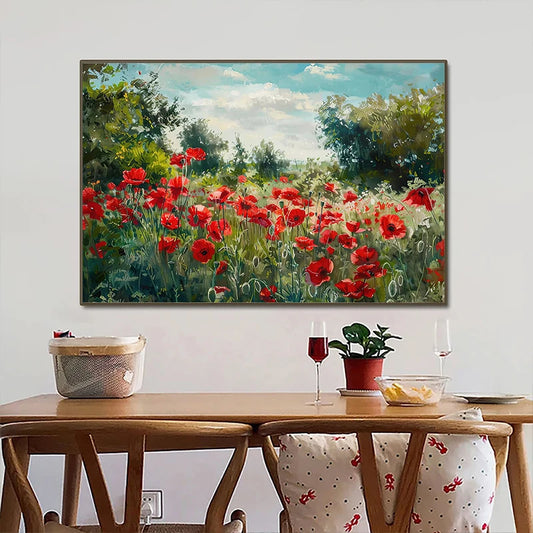 Painting of a field of red flowers on a wall above a dining table. Canvas & Curio