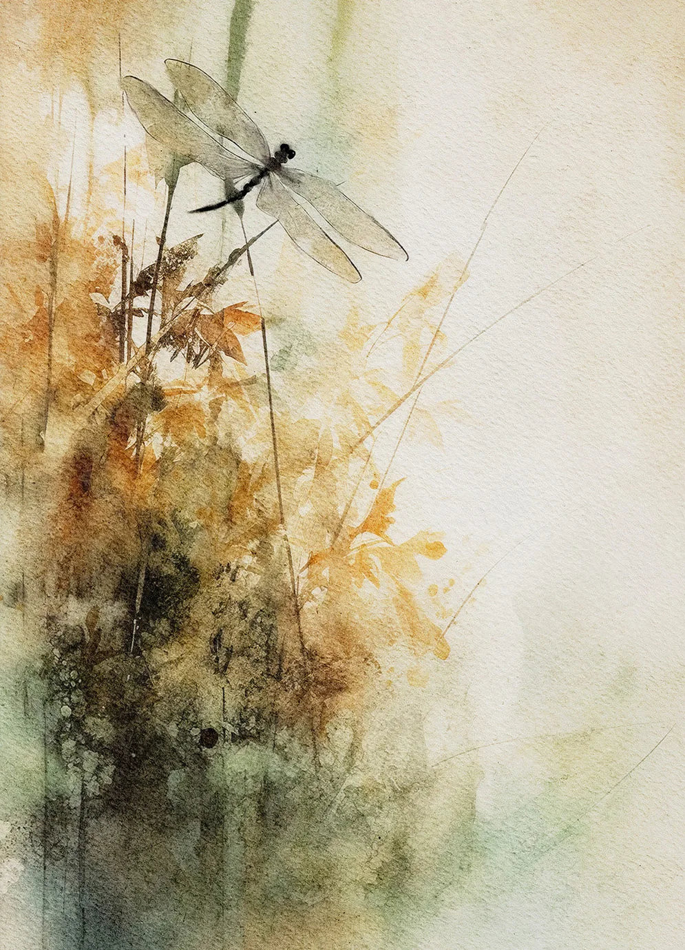 Artistic depiction of a dragonfly among plants with a watercolor texture.