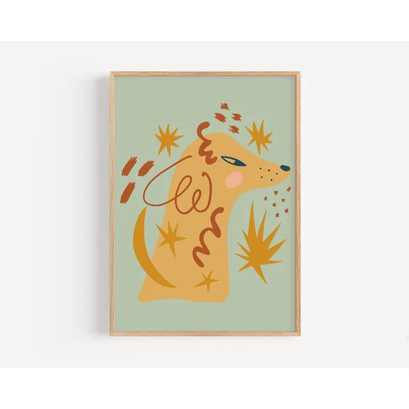 Framed artwork of a stylized dog with abstract elements on a light green background