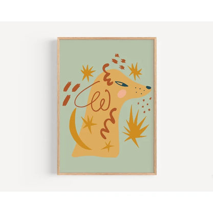 Framed artwork of a stylized dog with abstract elements on a light green background