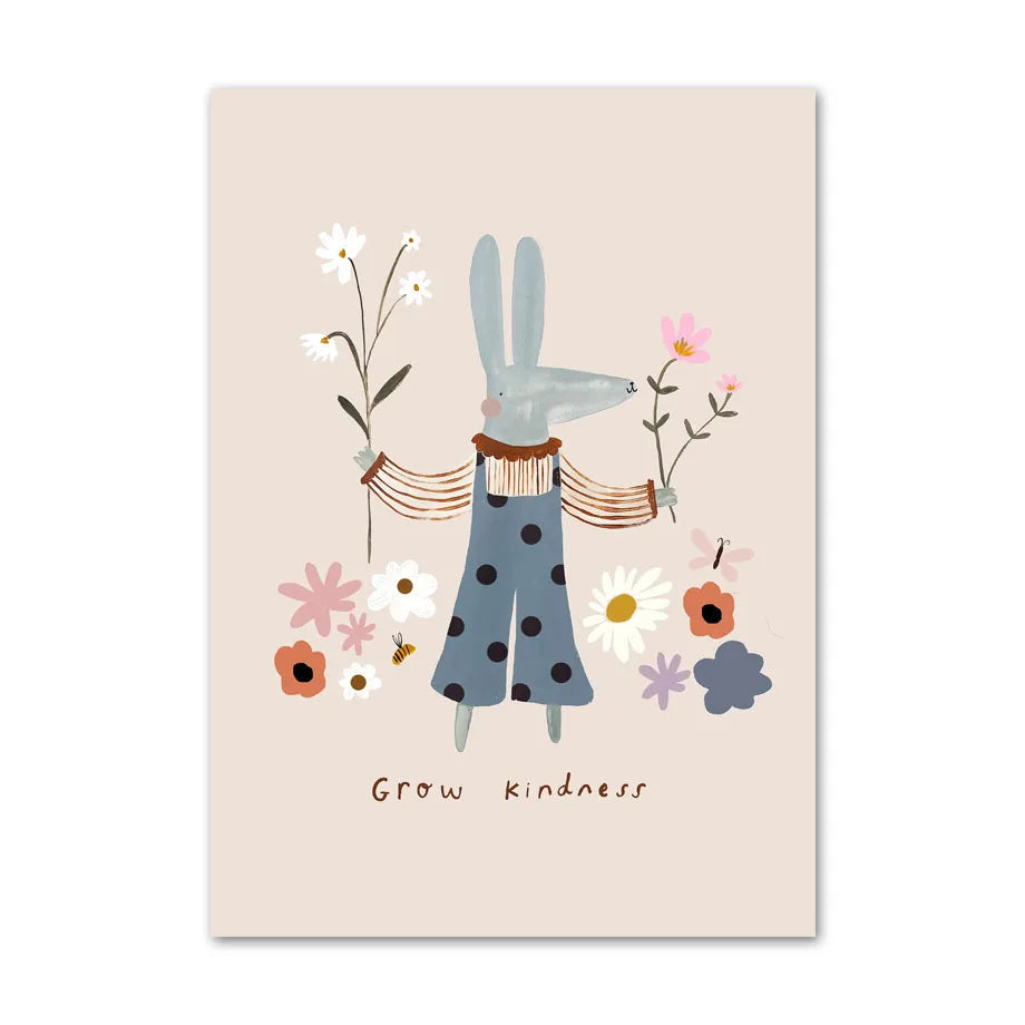 Illustration of a rabbit holding flowers with text 'Grow Kindness' on a beige background
