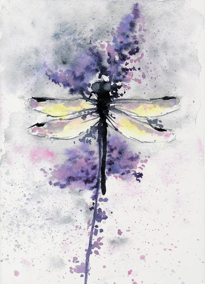 Watercolor painting of a dragonfly with purple and yellow colors on a light background