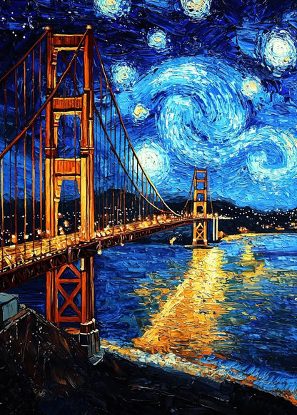 Artistic fusion of Van Gogh's 'Starry Night' with the Golden Gate Bridge