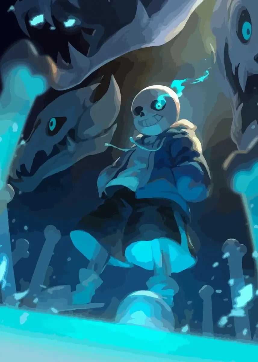 Cartoon skeleton character with glowing blue eyes surrounded by ghostly figures in a dark, eerie setting.