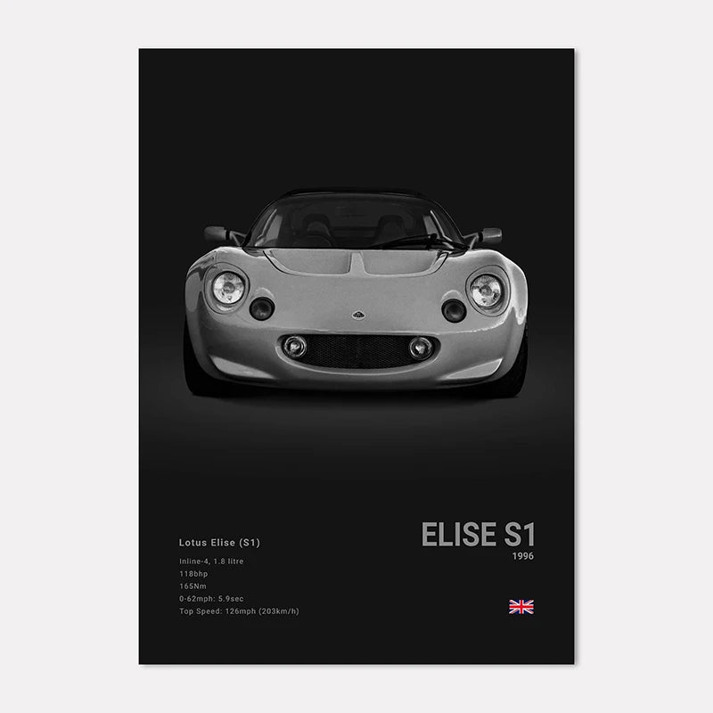 Lotus Elise S1 car poster on a black background