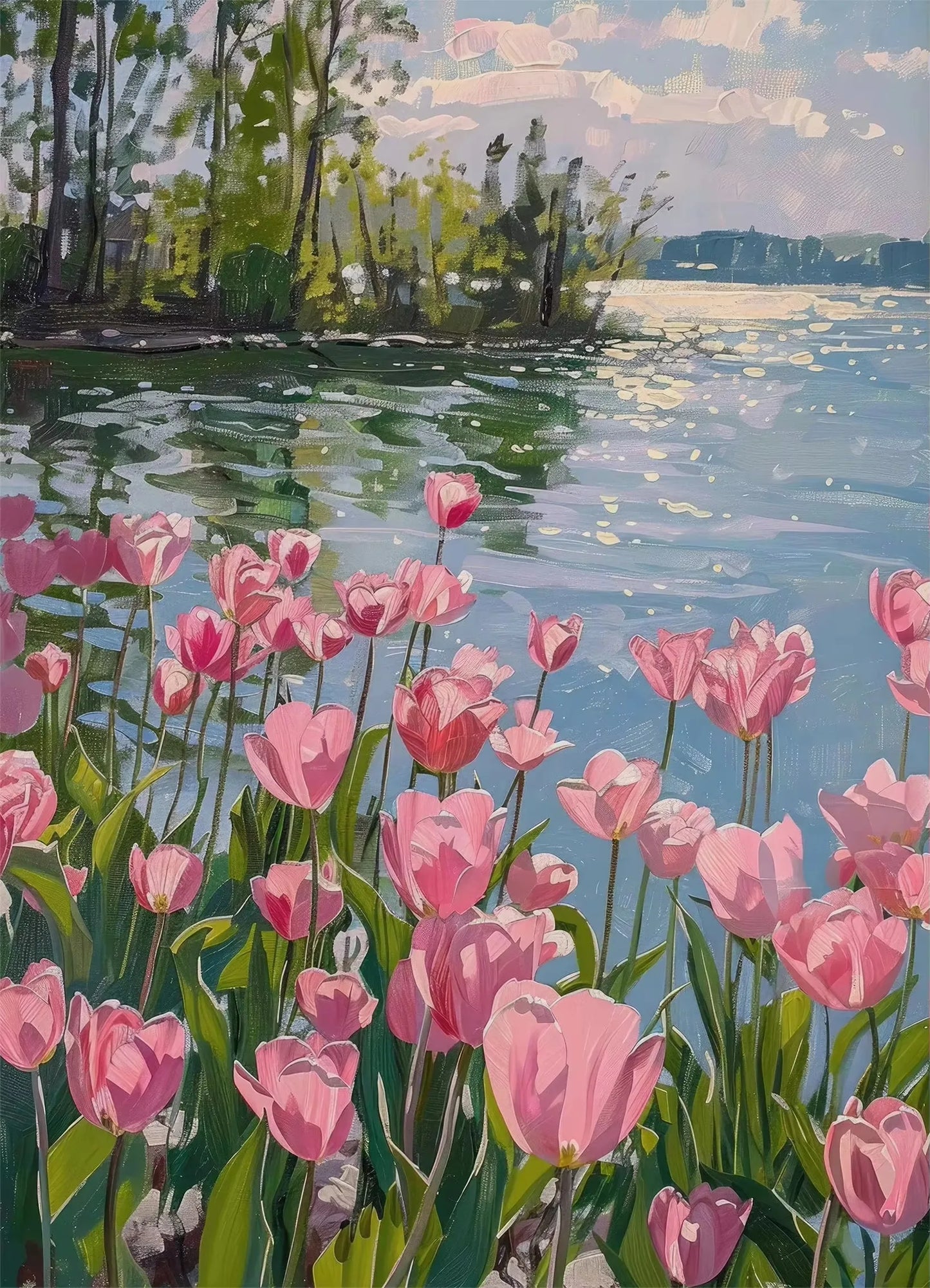 Pink tulips by a body of water with a soft focus background