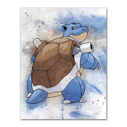 Animated character with turtle and blue creature design on a watercolor background