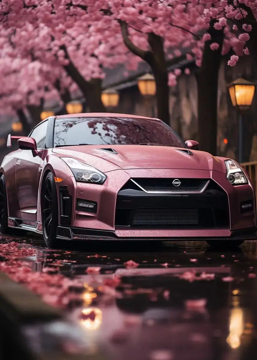Pink sports car parked under cherry blossom trees