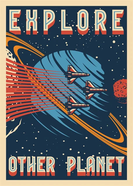 Space-themed poster with spacecraft and 'Explore Other Planet' text
