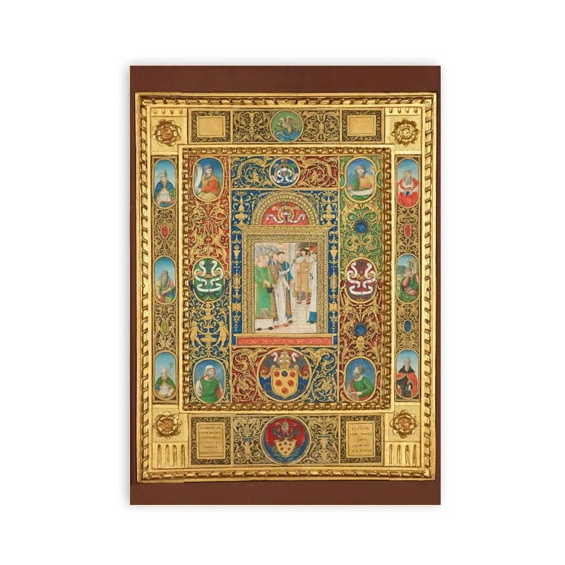 Decorative book cover with intricate gold and color design on a white background