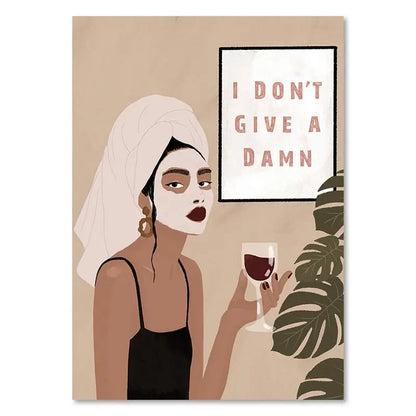 Illustration of a woman with a towel on her head holding a glass of wine, with a framed quote 'I Don't Give a Damn' in the background.