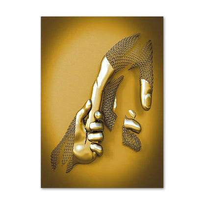 Gold decorative wall art of two hands holding a musical note on a gold background