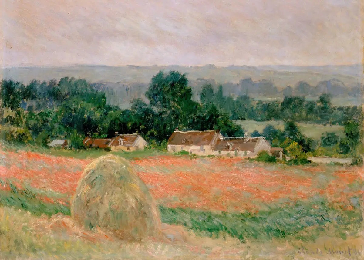 Painting of a landscape with a haystack and buildings in the distance.