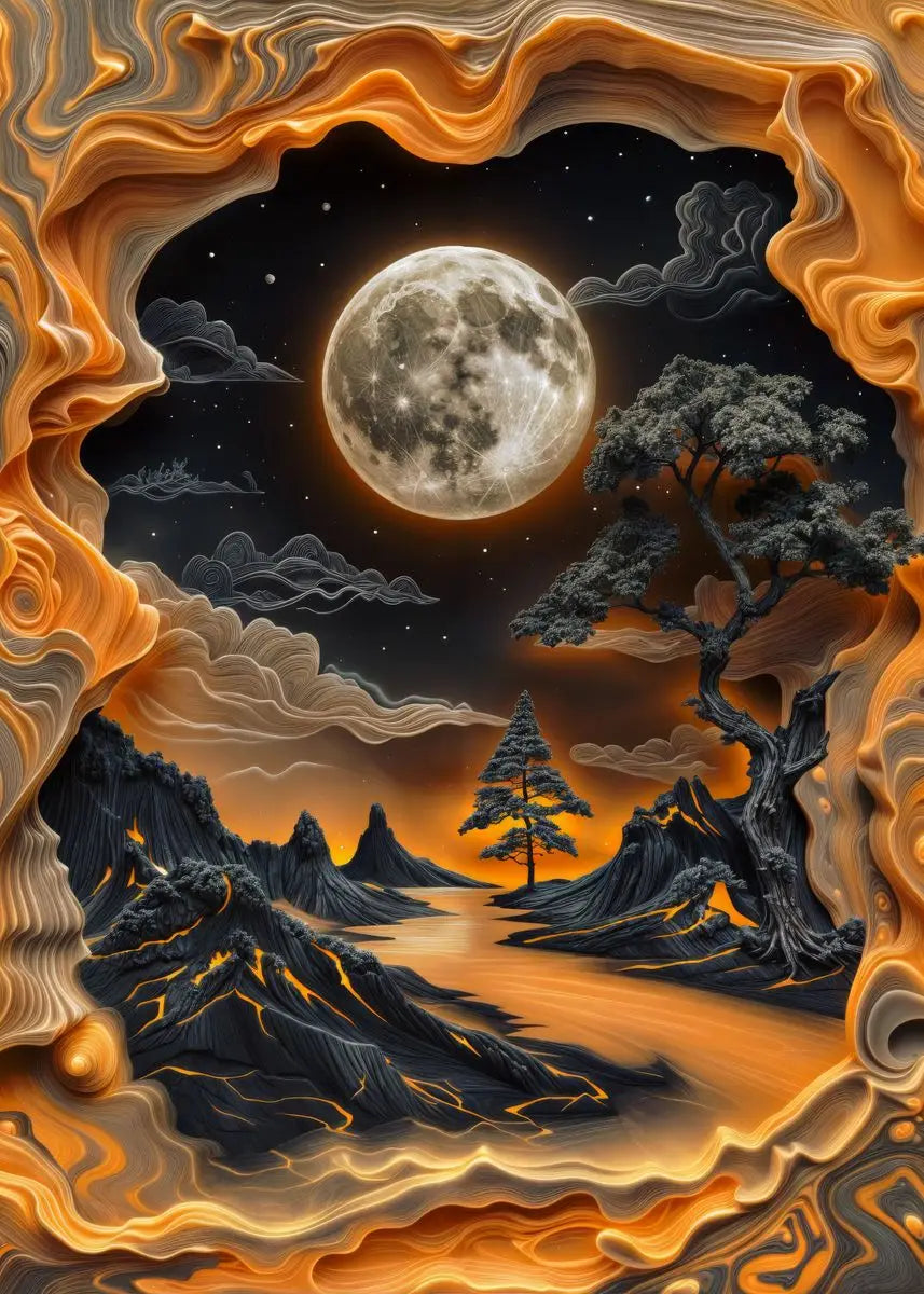 Artistic depiction of a moonlit landscape with trees and mountains, framed by ornate gold and brown elements.