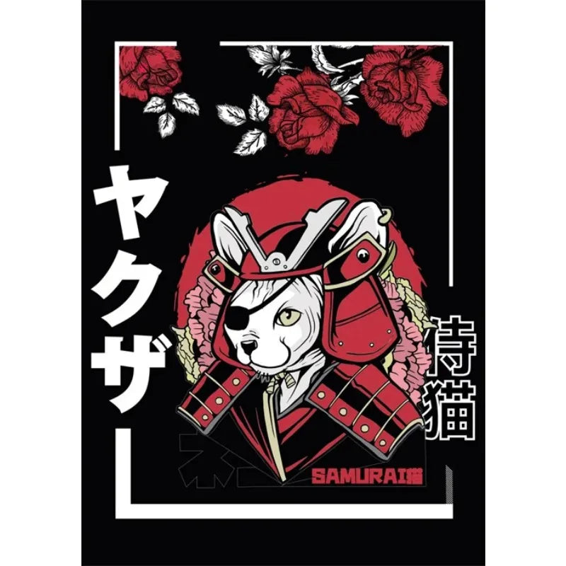 Design with a fox in a samurai helmet, red roses, and Japanese text on a black background