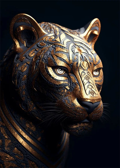 Decorative tiger head with intricate patterns on a dark background