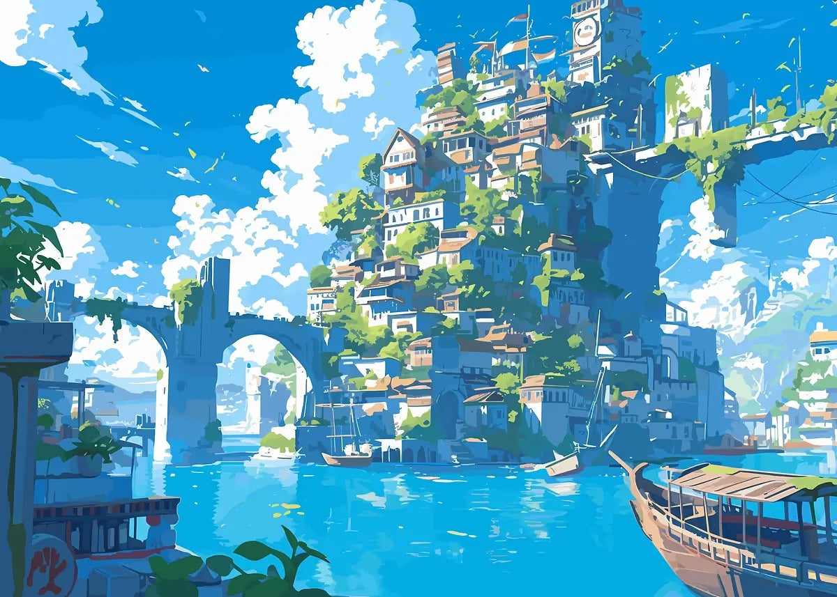 Vibrant animated cityscape with boats and greenery on a blue sky background
